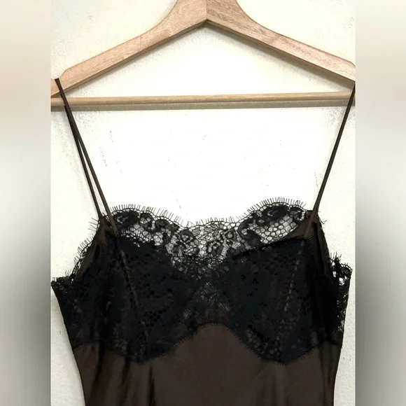 NWT Zara Asymmetric Satin Lace Dress in Black/ Brown Size M - Picture 10 of 16